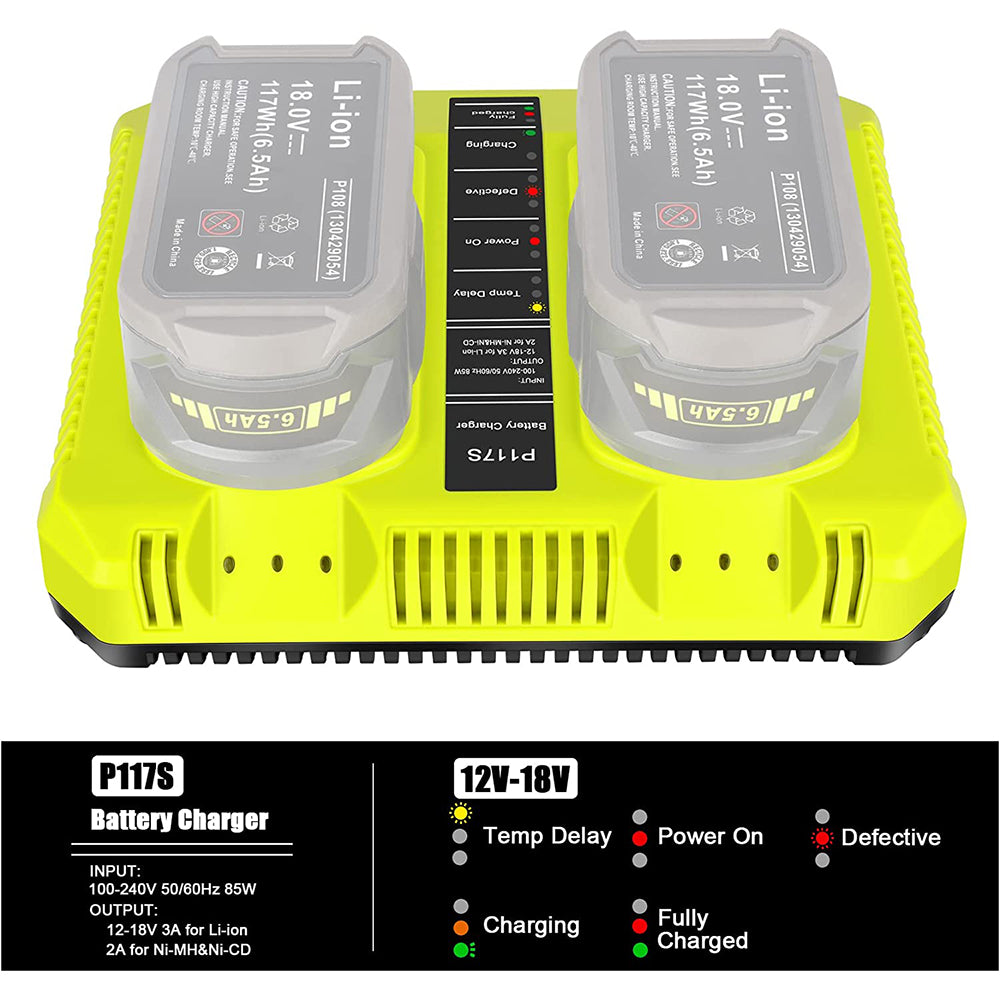 Cargador rápido de química dual de 18 V para baterías Ryobi de 12 V-18 V P117 P118 para baterías de litio, NiCd y NiMH ONE+ P102 P108 P100 P103 P105 P107