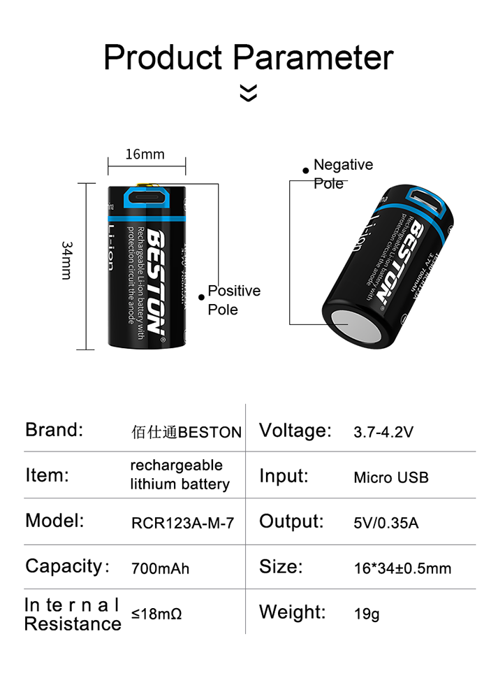 3.7v 650mAh ICR 16340 RCR123A Beston New function  li ion USB rechargeable battery
