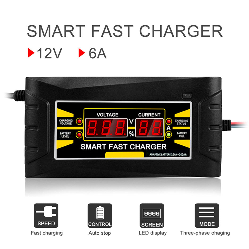 12V 6A Car Battery Charger Intelligent AGM GEL Lead-Acid Automatic For 75AH 100AH