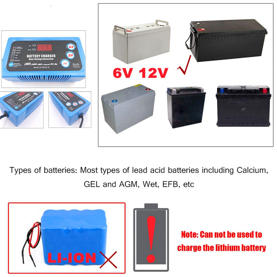 6V 12V Car Battery Charger Rechargeable Lead-Acid Smart Automatic 2A 6A With EU US Plug