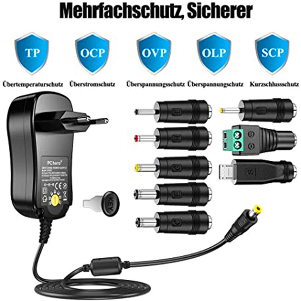 PChero 24W universal power supply with 8 removable DC plugs for 3V-12V house electronics and USB devices - 2000mA Max