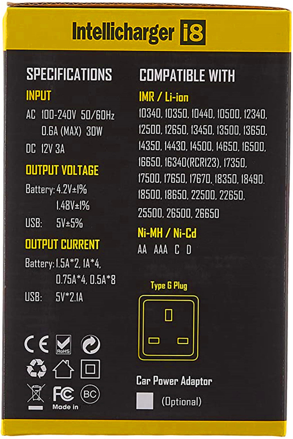 니테코어 i8 8구 충전기 - 리튬 이온, 니켈-수소, 니켈-카드뮴 배터리용, 블랙