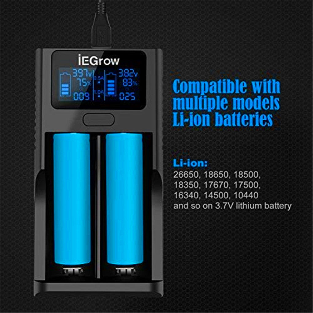 iEGrow 18650 battery charger, LCD battery charger with USB port, 3.7 V lithium ion batteries, 2 slots