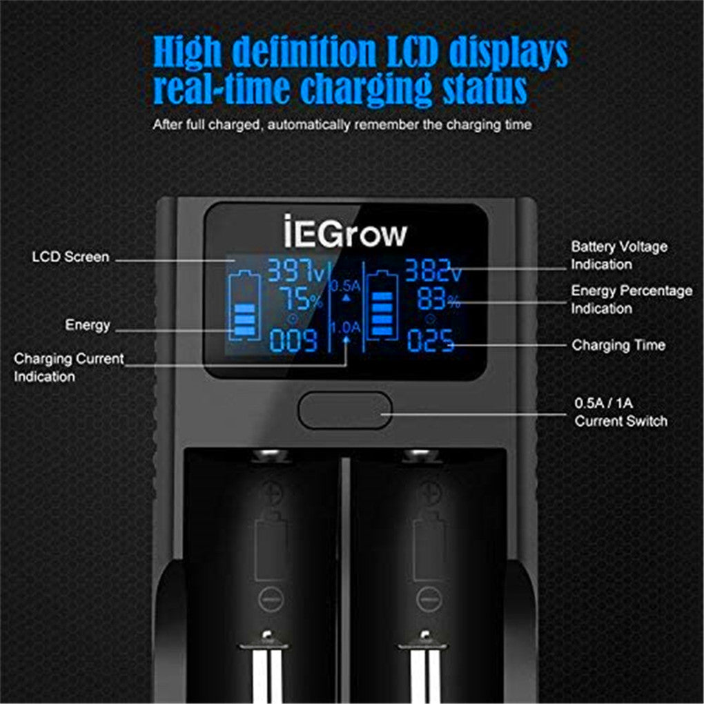 iEGrow 18650 battery charger, LCD battery charger with USB port, 3.7 V lithium ion batteries, 2 slots
