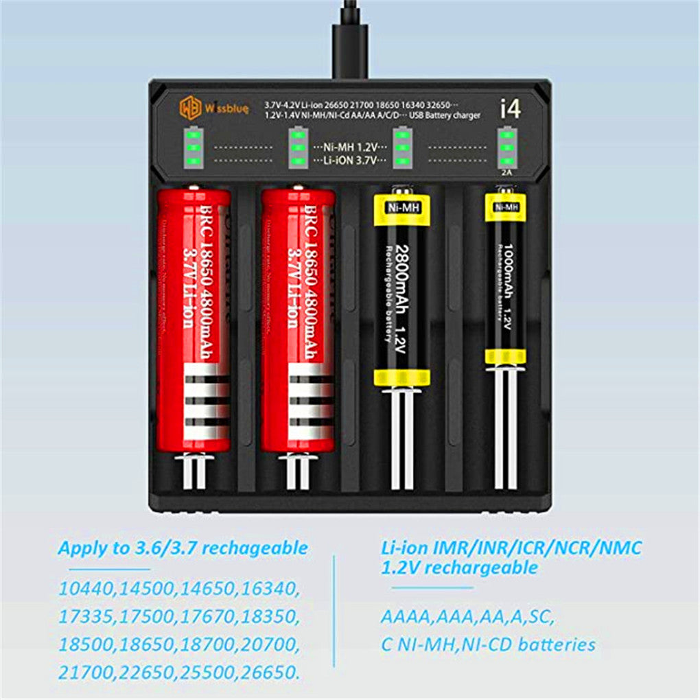 18650 battery charger 4 port, 3.7 V / 1.5 V 2 A quick charger RCR123A, NI MH NI Cd A AA AAA