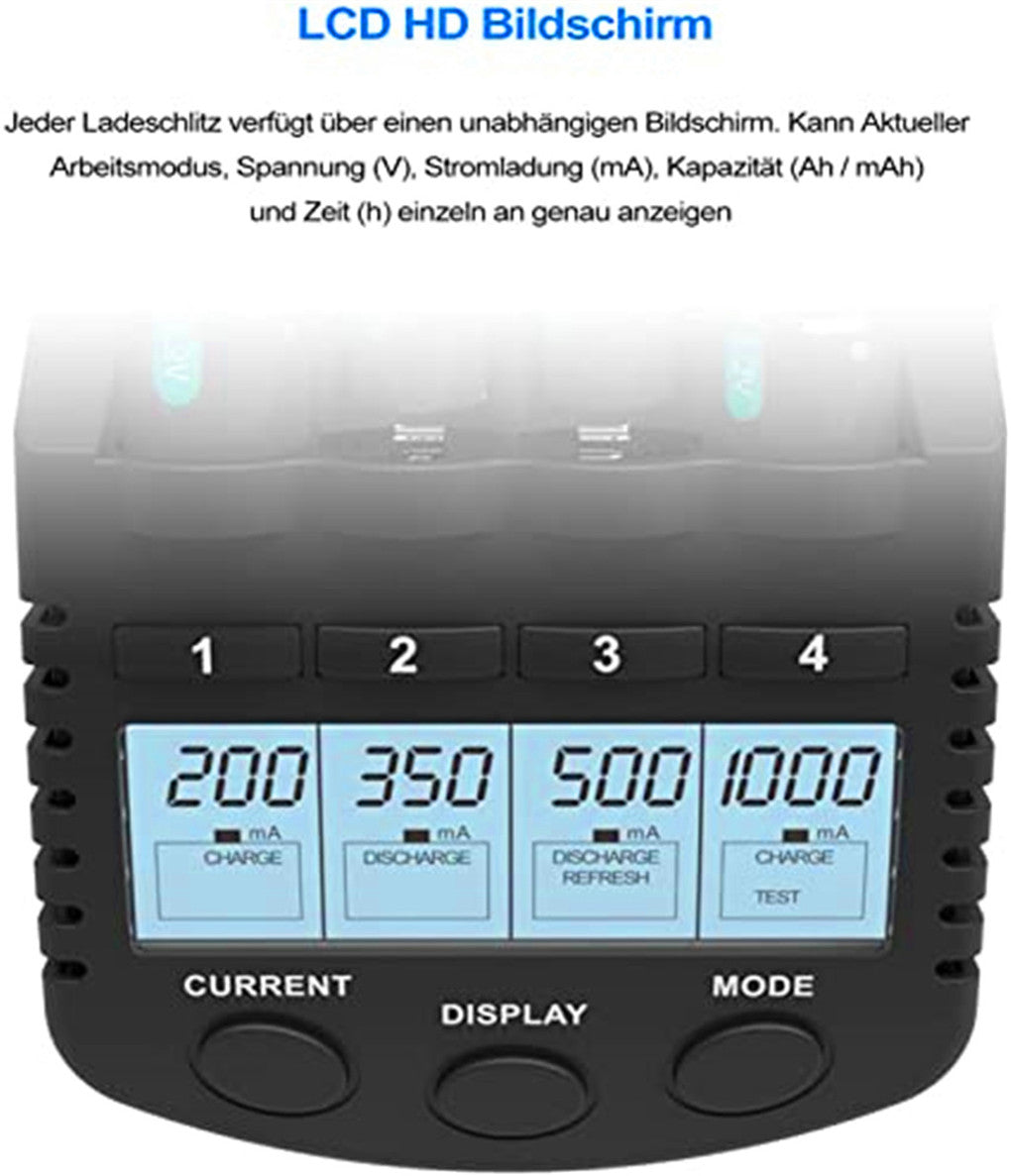Battery charger AA AAA battery charger with LCD display USB charging port and charging, discharging, testing, maintenance mode