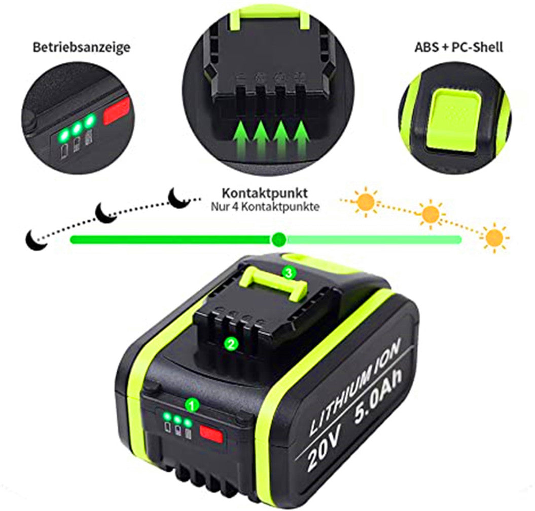 Batterie 20v 5.0Ah pour appareils WORX 20V WA3556, WA3572, WA3605