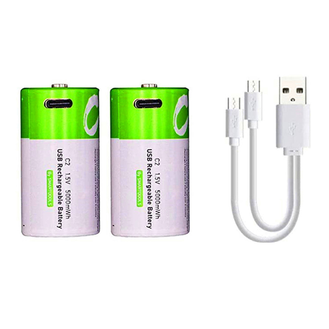 2-pack rechargeable USB-C lithium-ion battery, high capacity, 1.5 V, 5000 mWh, type-C port cable, constant