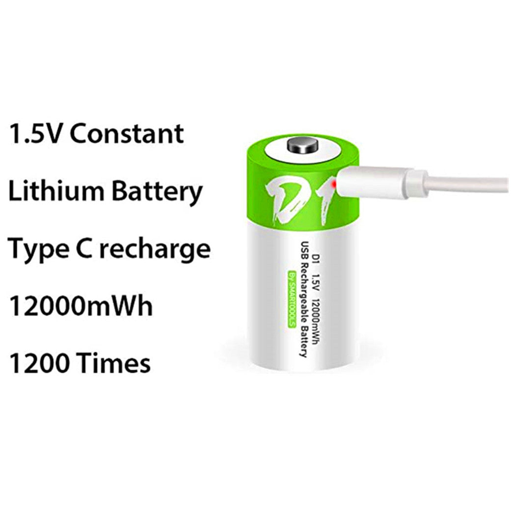 2 pieces of rechargeable USB-D lithium-ion battery, 1.5 V, 12000 mWh, rechargeable D-battery, 4 hours quick charge, more constant