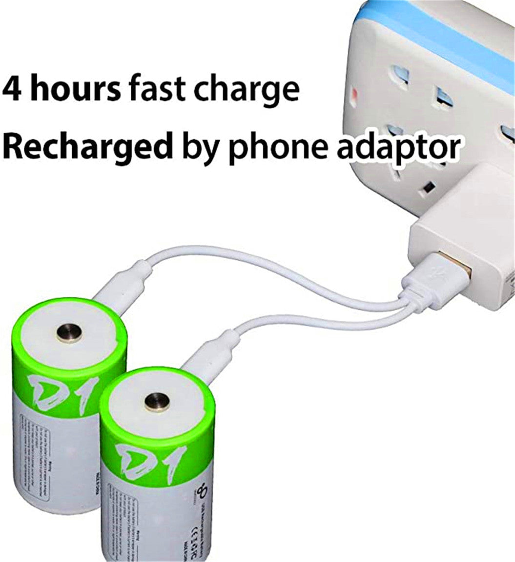 2 pieces of rechargeable USB-D lithium-ion battery, 1.5 V, 12000 mWh, rechargeable D-battery, 4 hours quick charge, more constant