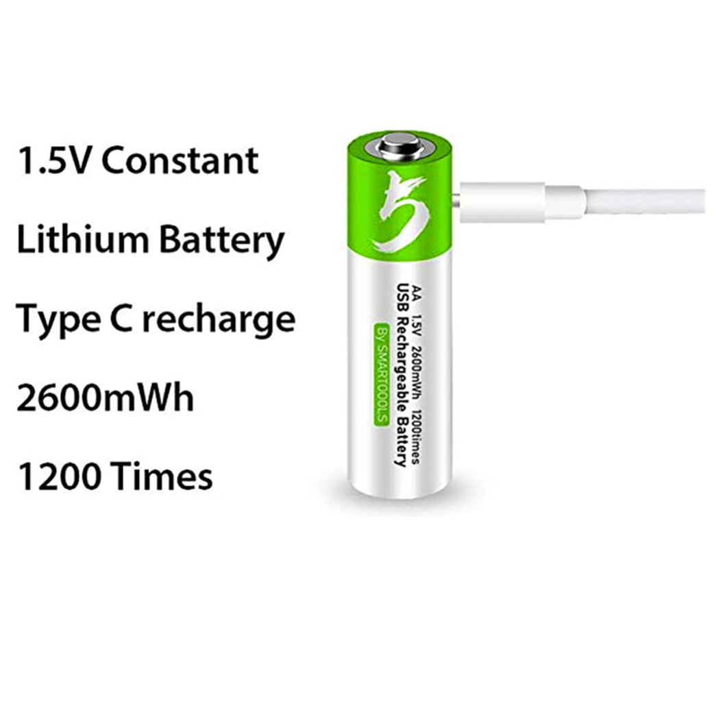 4개입 USB 충전식 AA 리튬 이온 배터리, 고용량 1.5V, 2600mWh, 1.5시간 고속 충전
