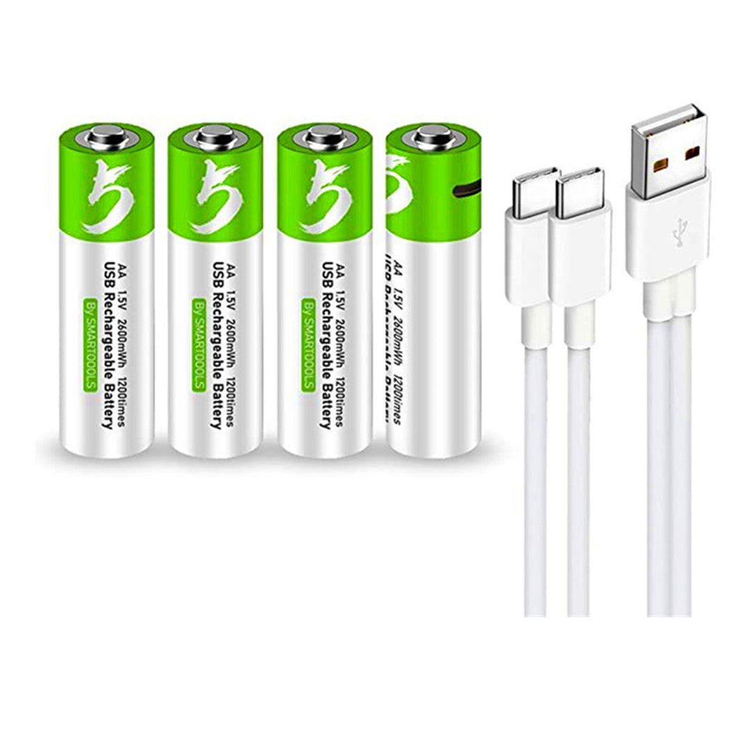4개입 USB 충전식 AA 리튬 이온 배터리, 고용량 1.5V, 2600mWh, 1.5시간 고속 충전