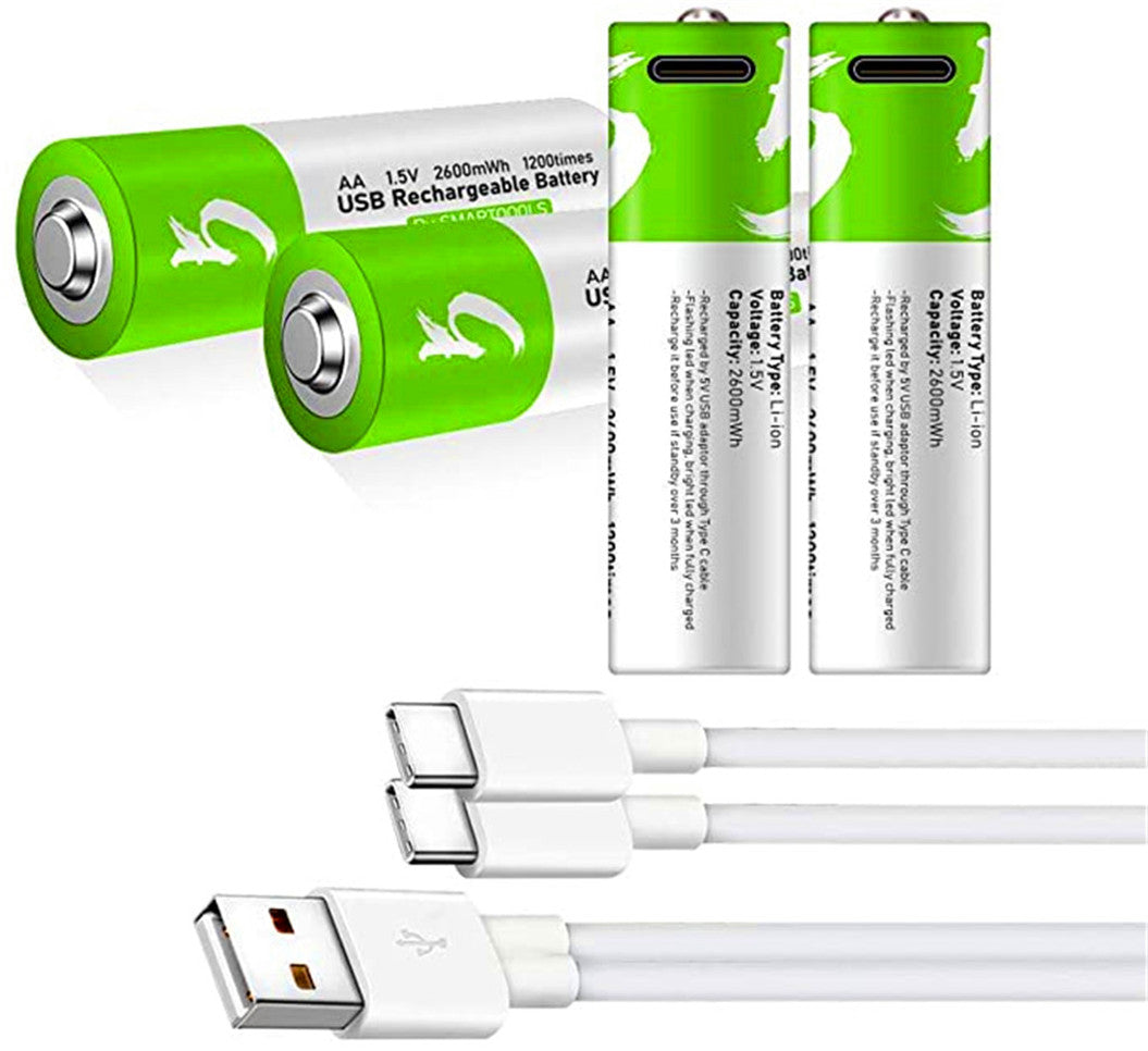 4개입 USB 충전식 AA 리튬 이온 배터리, 고용량 1.5V, 2600mWh, 1.5시간 고속 충전
