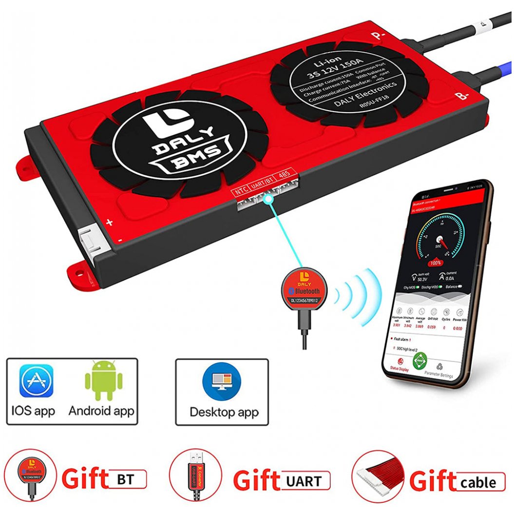 Daly Smart BMS Li-ion 3S 12V 150A Bluetooth BMS Board com Proteção para Bateria de Lítio 2090212