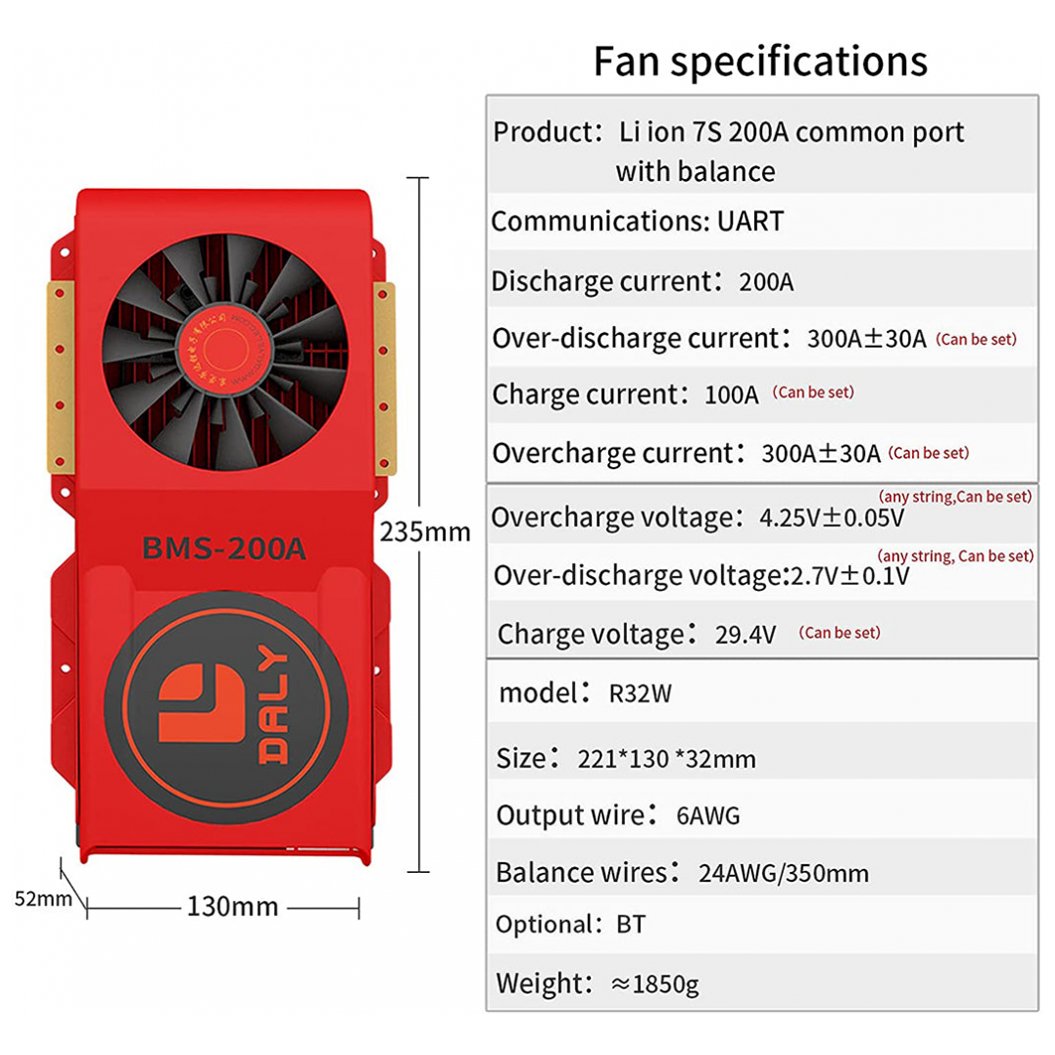 Daly Smart Bms Li-ion 7S 24V 200A avec ventilateur Bluetooth 52130235