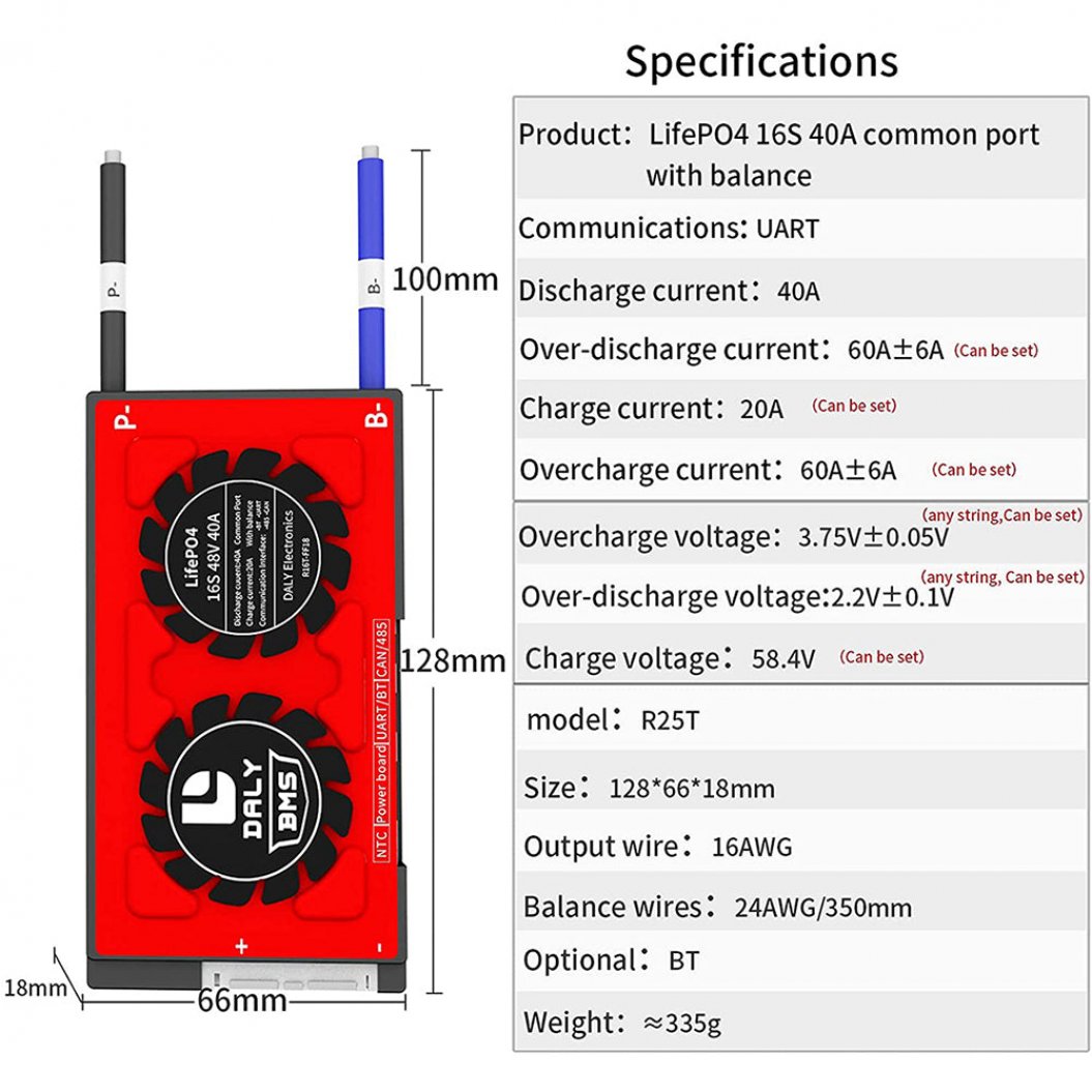Daly Smart Bms Lifepo4 Li-ion 16S 48V 60V 40A Bluetooth 18 66 128