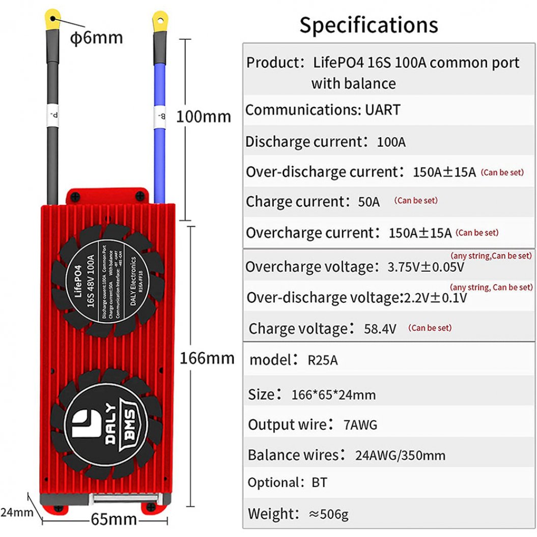 Daly Smart Bms Lifepo4 Li-ion 16S 48V 60V 100A Bluetooth 24 65 166
