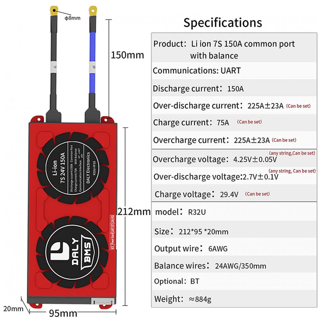 Batería de ion de litio Daly Smart Bms de 7 s, 24 V, 150 A y Bluetooth 2095212