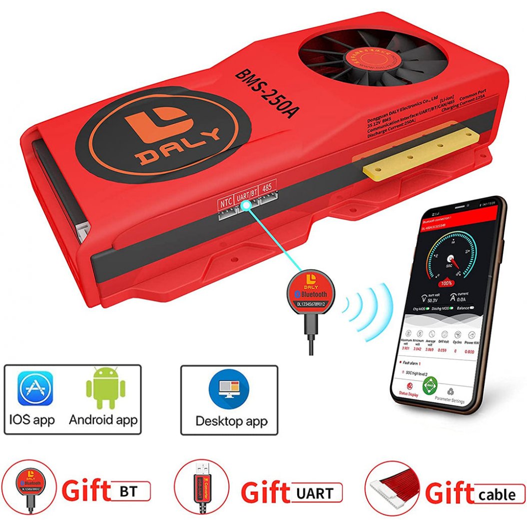 Daly Smart BMS Li-ion 3S 12V 250A com Ventoinha Bluetooth e Cartão de Proteção de Bateria de Lítio